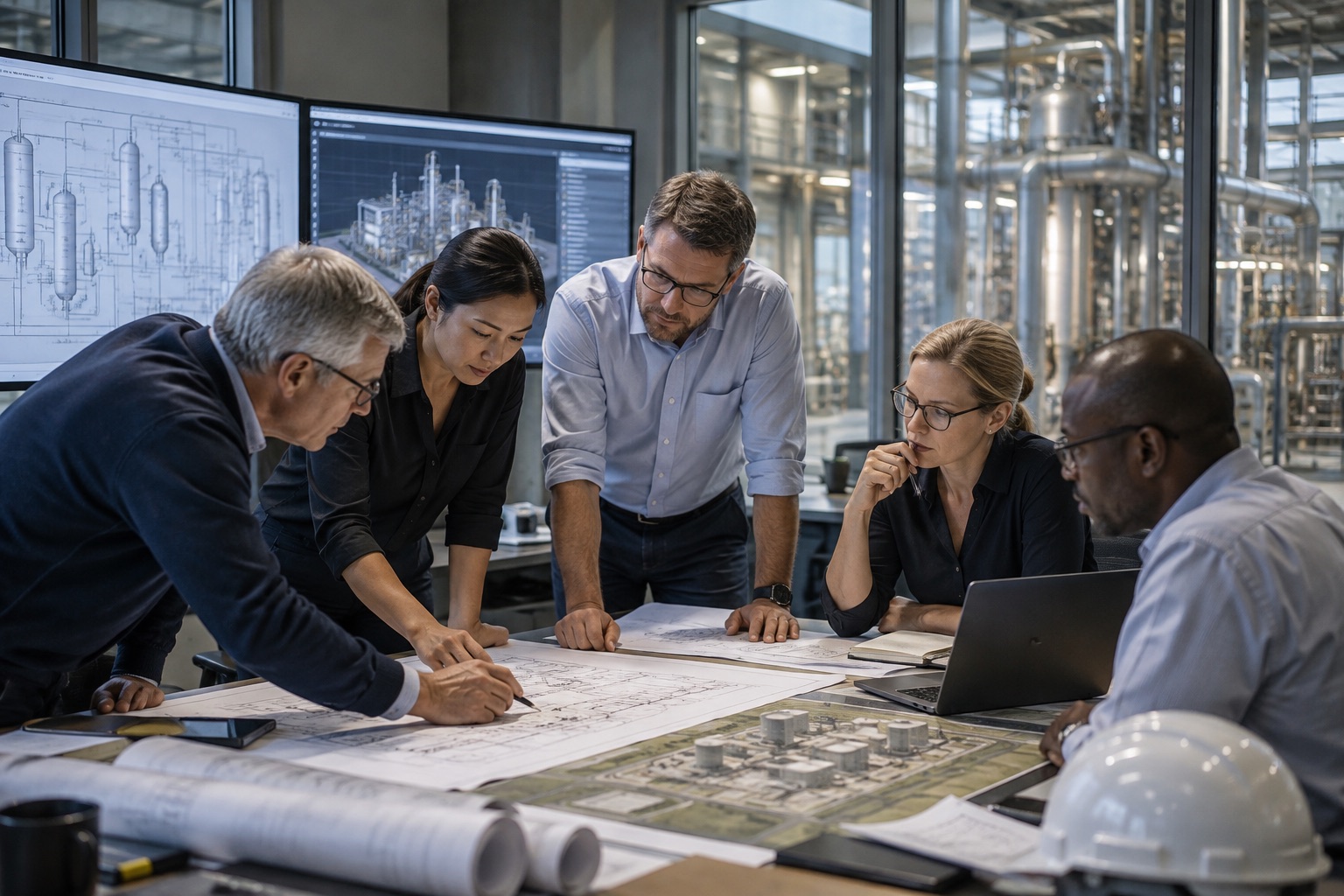 Engineering team reviewing drawings beside industrial process equipment